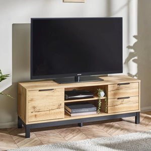 Julian Bowen Bali Oak TV Unit with Cupboard, 2 Drawers & Black Metal Legs - Sleek Furniture