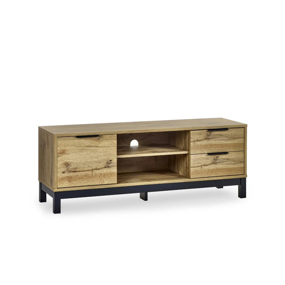 Julian Bowen Bali Oak TV Unit with Cupboard, 2 Drawers & Black Metal Legs - Sleek Furniture