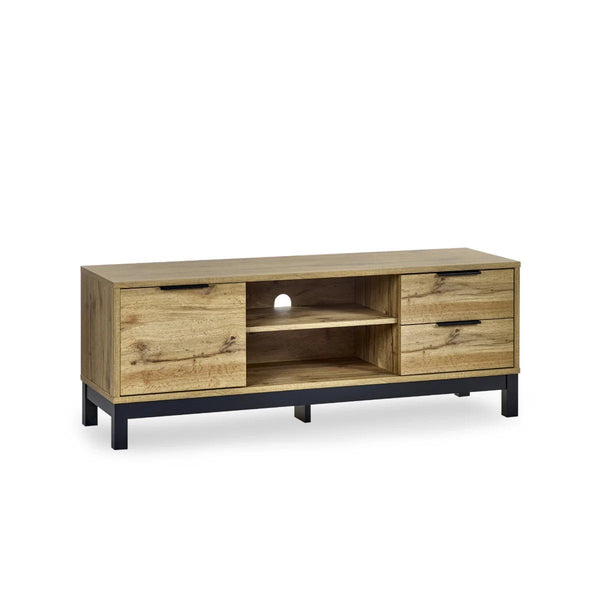 Julian Bowen Bali Oak TV Unit with Cupboard, 2 Drawers & Black Metal Legs - Sleek Furniture