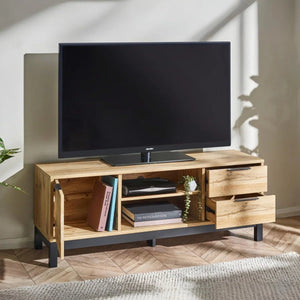 Julian Bowen Bali Oak TV Unit with Cupboard, 2 Drawers & Black Metal Legs - Sleek Furniture