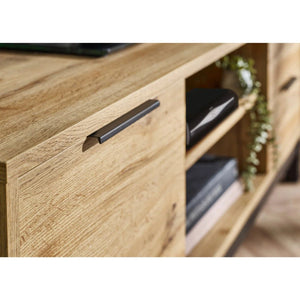 Julian Bowen Bali Oak TV Unit with Cupboard, 2 Drawers & Black Metal Legs - Sleek Furniture