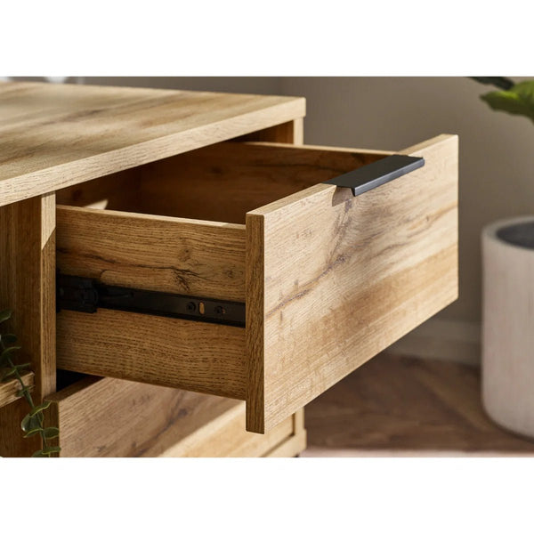 Julian Bowen Bali Oak TV Unit with Cupboard, 2 Drawers & Black Metal Legs - Sleek Furniture