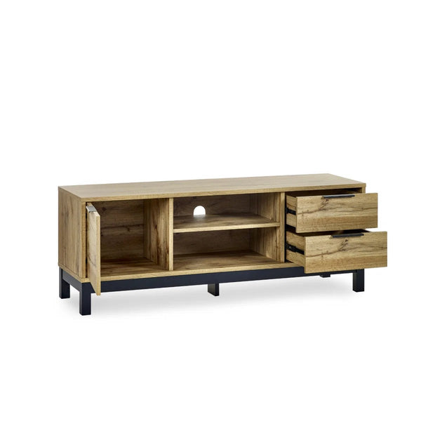 Julian Bowen Bali Oak TV Unit with Cupboard, 2 Drawers & Black Metal Legs - Sleek Furniture