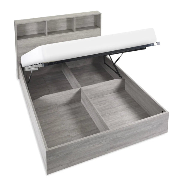 Julian Bowen Bali Ottoman Storage Bed with Bookcase Headboard - Grey Oak Finish - Sleek Furniture