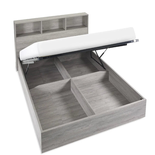 Julian Bowen Bali Ottoman Storage Bed with Bookcase Headboard - Grey Oak Wooden Lift-Up Storage Bed Frame - Sleek Furniture
