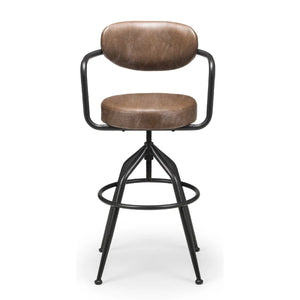 Julian Bowen Barbican Industrial Adjustable Faux Leather Barstool – Brown & Black Metal Swivel Kitchen Counter Stool - Sleek Furniture
