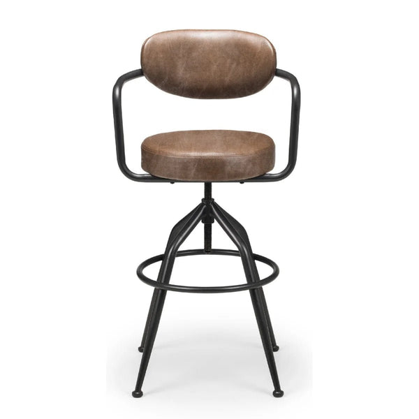 Julian Bowen Barbican Industrial Adjustable Faux Leather Barstool – Brown & Black Metal Swivel Kitchen Counter Stool - Sleek Furniture