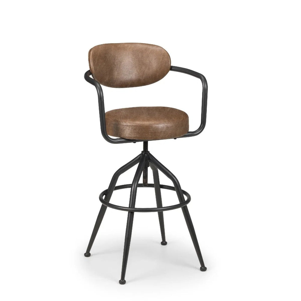 Julian Bowen Barbican Industrial Adjustable Faux Leather Barstool – Brown & Black Metal Swivel Kitchen Counter Stool - Sleek Furniture
