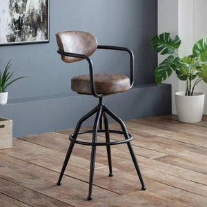 Julian Bowen Barbican Industrial Adjustable Faux Leather Barstool – Brown & Black Metal Swivel Kitchen Counter Stool - Sleek Furniture