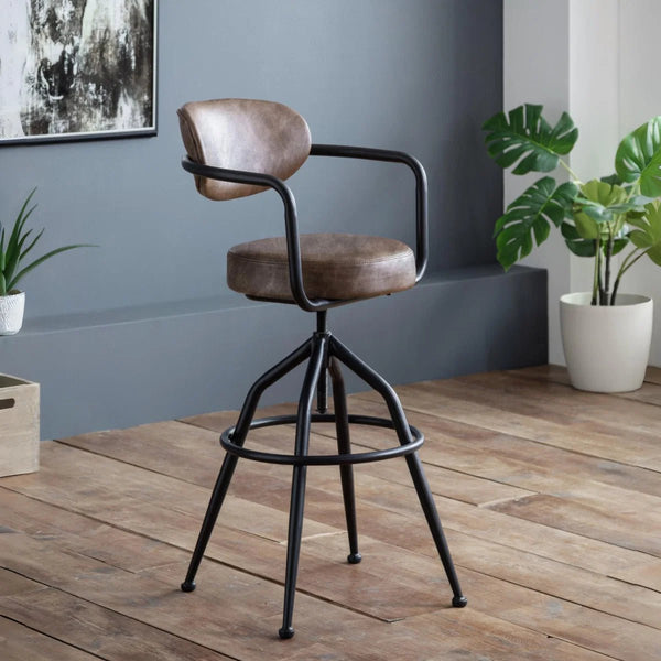 Julian Bowen Barbican Industrial Adjustable Faux Leather Barstool – Brown & Black Metal Swivel Kitchen Counter Stool - Sleek Furniture