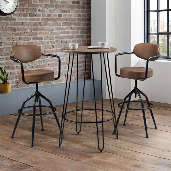 Julian Bowen Barbican Industrial Adjustable Faux Leather Barstool – Brown & Black Metal Swivel Kitchen Counter Stool - Sleek Furniture