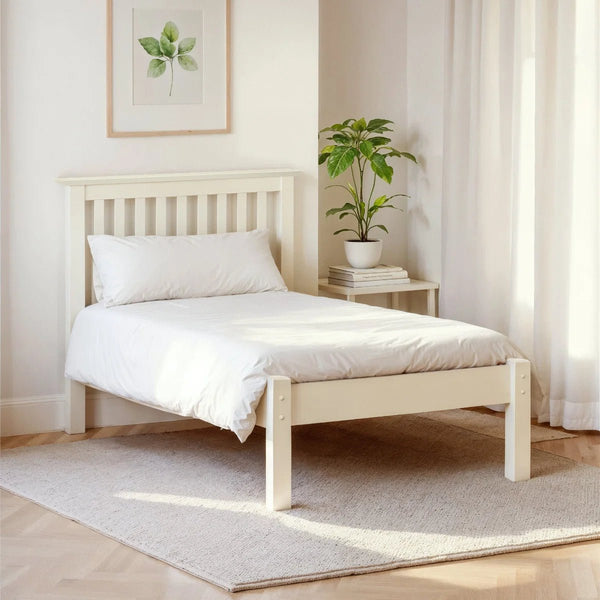 Julian Bowen Barcelona Low Foot End Bed Frame in Stone White – Solid Pine & MDF Wooden Shaker Style Bed with Slatted Base - Sleek Furniture