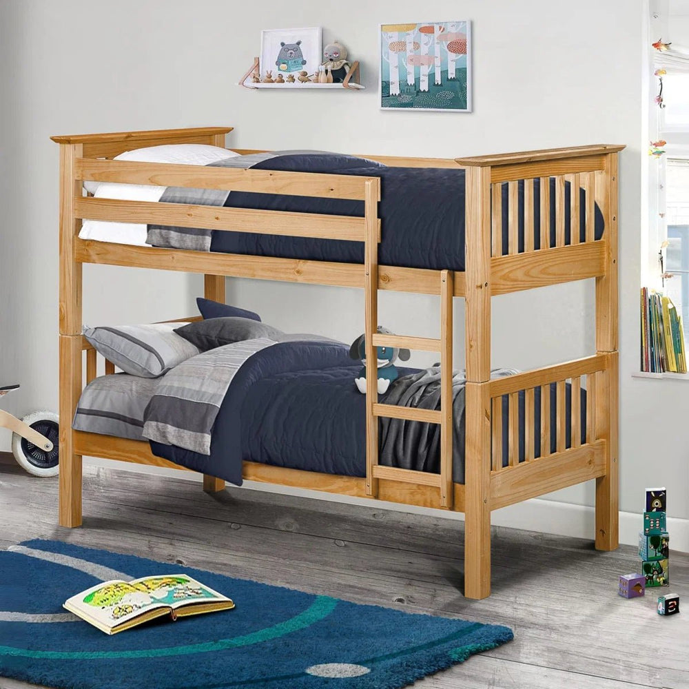 Julian Bowen Barcelona Solid Pine Wooden Bunk Bed Frame in Antique Lacquer Finish for Kids & Children's Bedrooms - Sleek Furniture