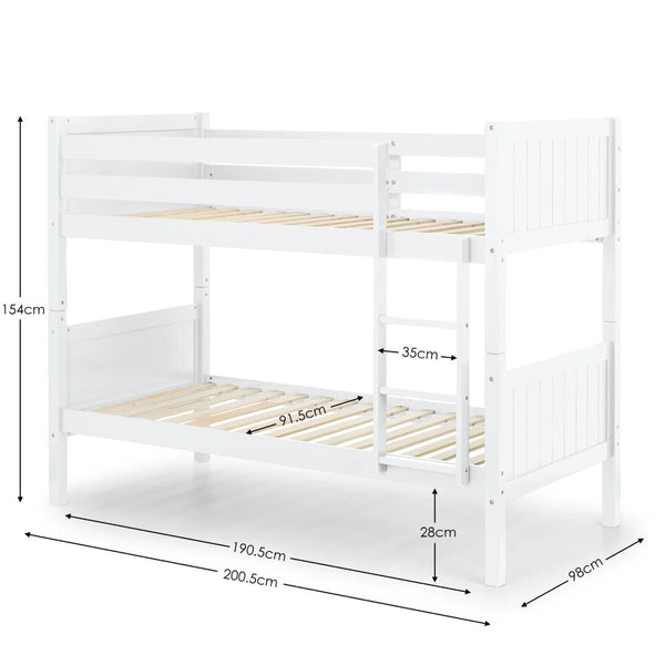 Julian Bowen Bella Wooden Bunk Bed with Panelled Headboards, Safety Rails & Ladder – White, Anthracite or Dove Grey - Sleek Furniture