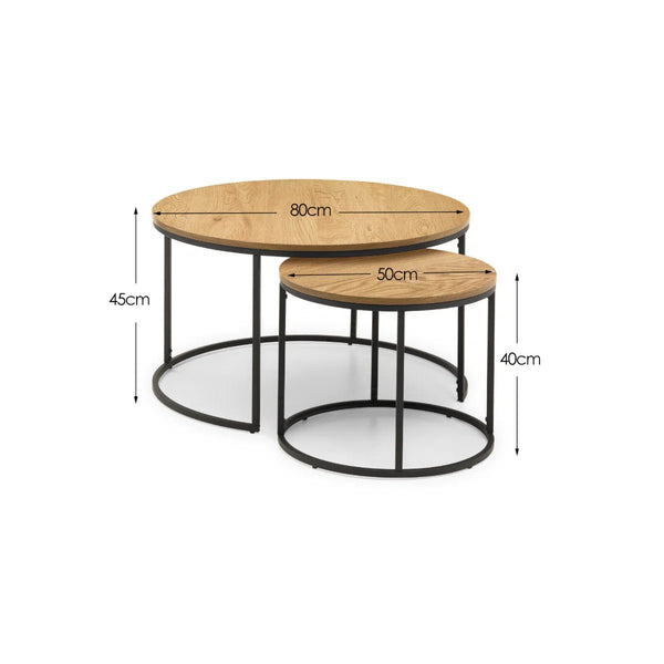 Julian Bowen Bellini Round Nesting Coffee Table Set of 2 – Oak Effect Top with Black Metal Frame | Industrial Space-Saving Living Room Tables - Sleek Furniture
