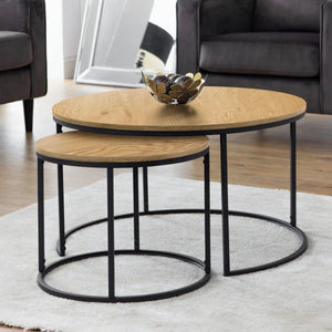 Julian Bowen Bellini Round Nesting Coffee Table Set of 2 – Oak Effect Top with Black Metal Frame | Industrial Space-Saving Living Room Tables - Sleek Furniture