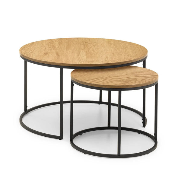 Julian Bowen Bellini Round Nesting Coffee Table Set of 2 – Oak Effect Top with Black Metal Frame | Industrial Space-Saving Living Room Tables - Sleek Furniture