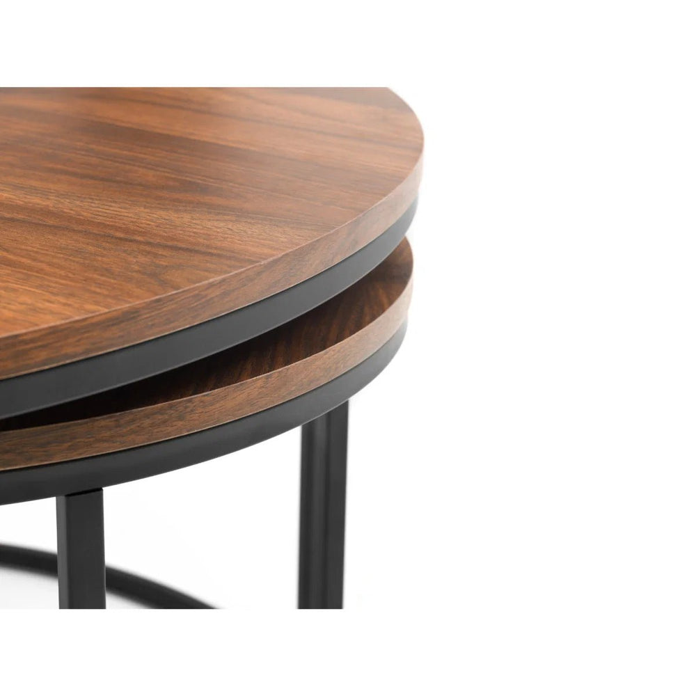 Julian Bowen Bellini Round Nesting Coffee Table Set of 2 – Walnut Effect Tops with Black Metal Frame – Industrial Living Room Tables - Sleek Furniture