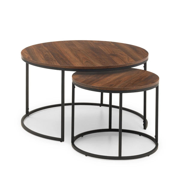 Julian Bowen Bellini Round Nesting Coffee Table Set of 2 – Walnut Effect Tops with Black Metal Frame – Industrial Living Room Tables - Sleek Furniture