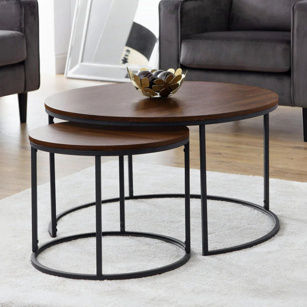 Julian Bowen Bellini Round Nesting Coffee Table Set of 2 – Walnut Effect Tops with Black Metal Frame – Industrial Living Room Tables - Sleek Furniture