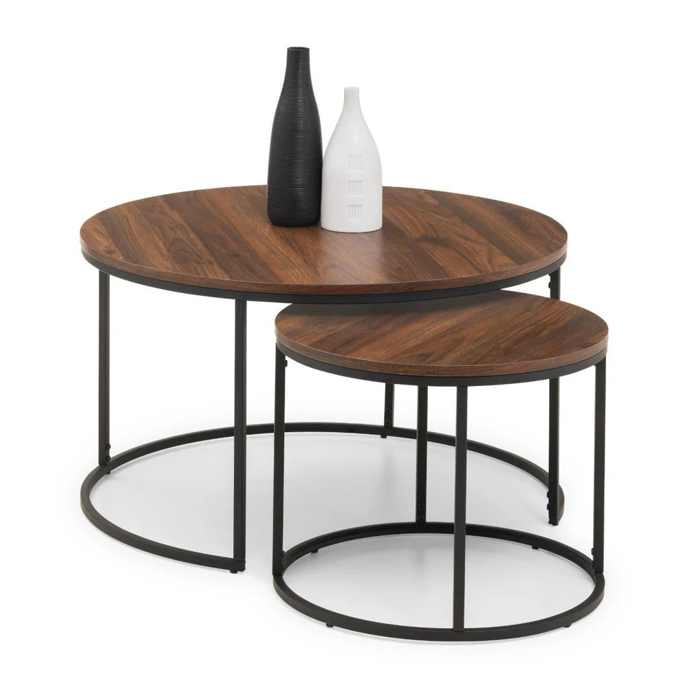 Julian Bowen Bellini Round Nesting Coffee Table Set of 2 – Walnut Effect Tops with Black Metal Frame – Industrial Living Room Tables - Sleek Furniture