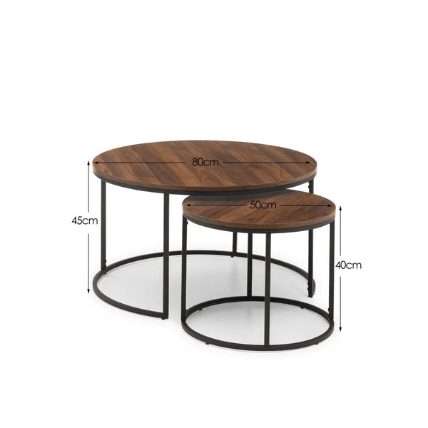 Julian Bowen Bellini Round Nesting Coffee Table Set of 2 – Walnut Effect Tops with Black Metal Frame – Industrial Living Room Tables - Sleek Furniture