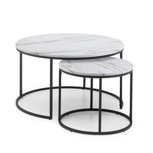 Julian Bowen Bellini Round Nesting Coffee Table Set of 2 – White Marble Effect Tops with Black Metal Frame | Modern Space-Saving Living Room Tables - Sleek Furniture
