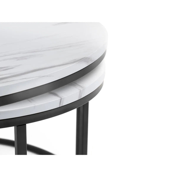 Julian Bowen Bellini Round Nesting Coffee Table Set of 2 – White Marble Effect Tops with Black Metal Frame | Modern Space-Saving Living Room Tables - Sleek Furniture