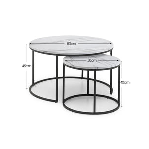 Julian Bowen Bellini Round Nesting Coffee Table Set of 2 – White Marble Effect Tops with Black Metal Frame | Modern Space-Saving Living Room Tables - Sleek Furniture