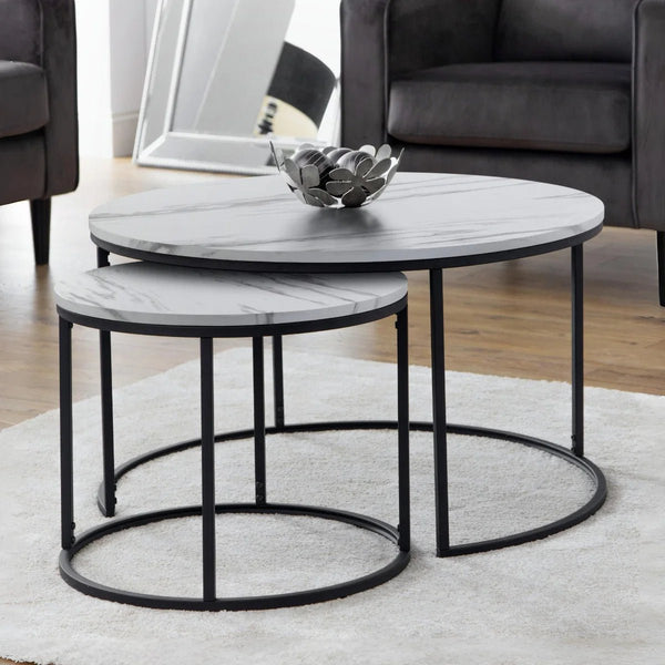 Julian Bowen Bellini Round Nesting Coffee Table Set of 2 – White Marble Effect Tops with Black Metal Frame | Modern Space-Saving Living Room Tables - Sleek Furniture