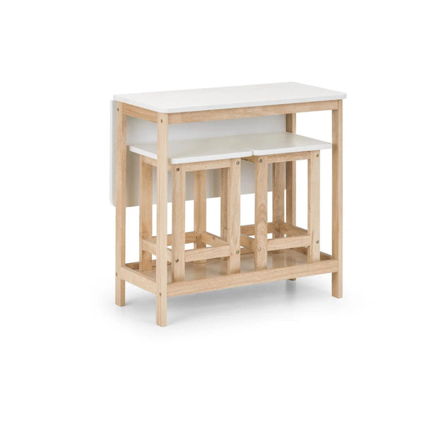 Julian Bowen Bergen Space Saving Folding Bar Table & 2 Stool Set – White & Natural Wooden Breakfast Dining Set - Sleek Furniture