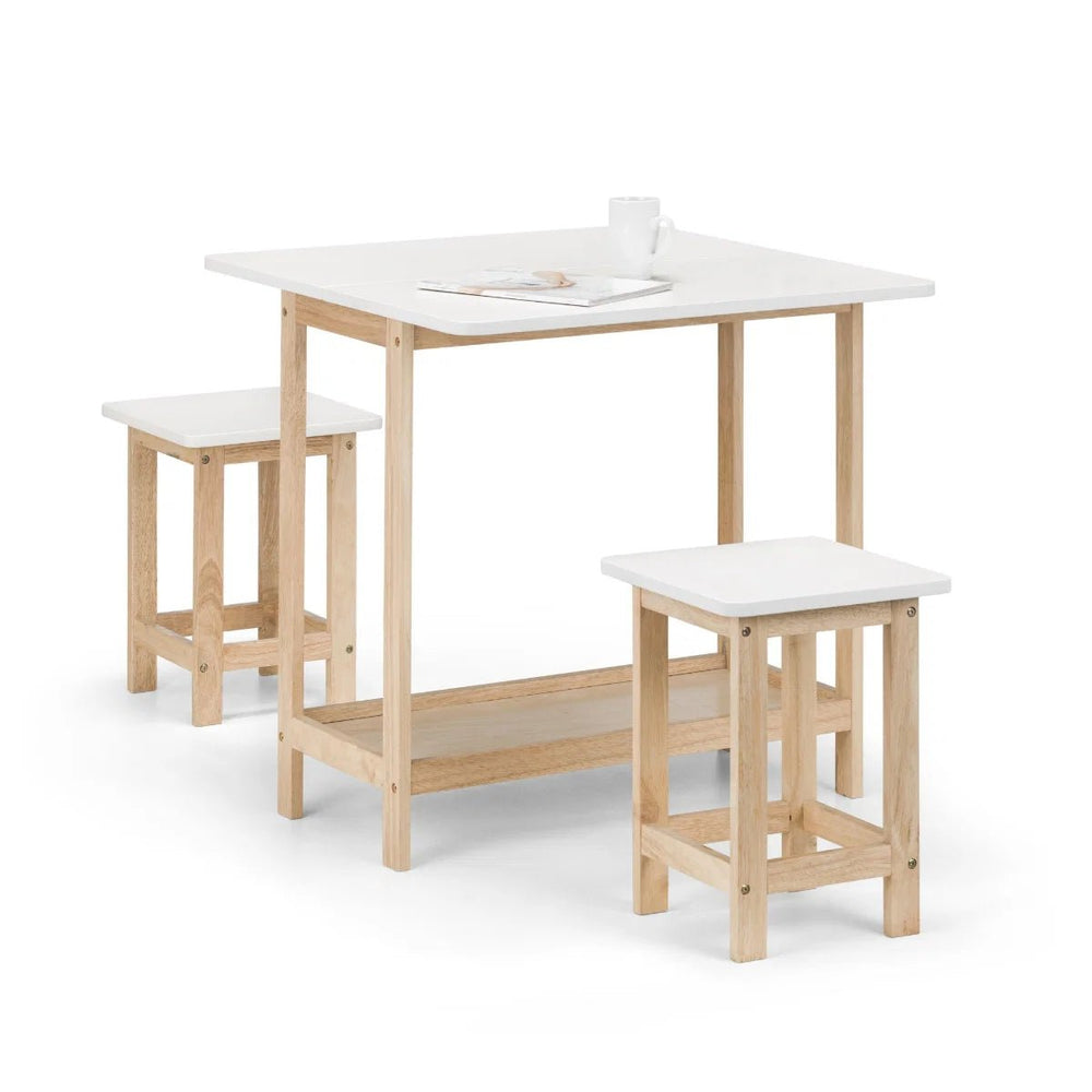 Julian Bowen Bergen Space Saving Folding Bar Table & 2 Stool Set – White & Natural Wooden Breakfast Dining Set - Sleek Furniture