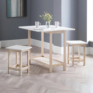 Julian Bowen Bergen Space Saving Folding Bar Table & 2 Stool Set – White & Natural Wooden Breakfast Dining Set - Sleek Furniture