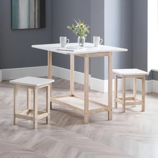 Julian Bowen Bergen Space Saving Folding Bar Table & 2 Stool Set – White & Natural Wooden Breakfast Dining Set - Sleek Furniture