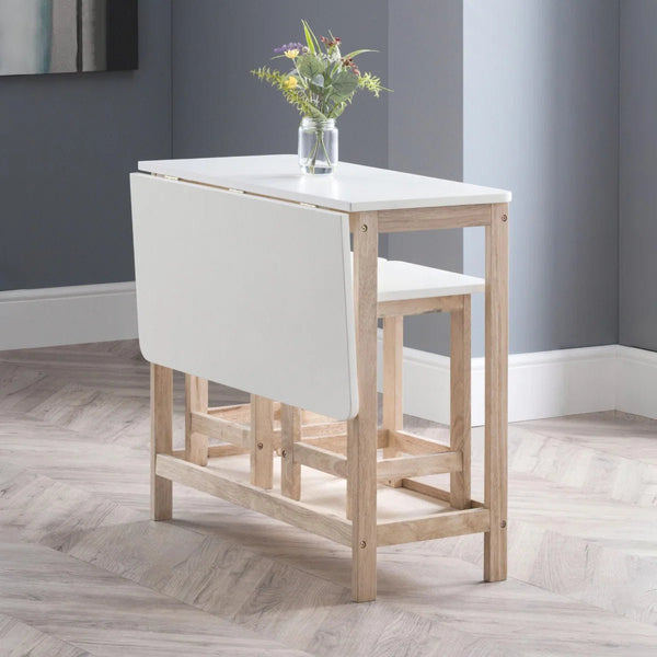 Julian Bowen Bergen Space Saving Folding Bar Table & 2 Stool Set – White & Natural Wooden Breakfast Dining Set - Sleek Furniture