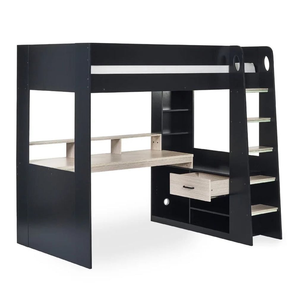 Julian Bowen Blaze Gaming High Sleeper Bed with Integrated Desk, Storage Shelving & Drawers – Black & Pale Woodgrain Finish - Sleek Furniture