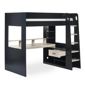 Julian Bowen Blaze Gaming High Sleeper Bed with Integrated Desk, Storage Shelving & Drawers – Black & Pale Woodgrain Finish - Sleek Furniture