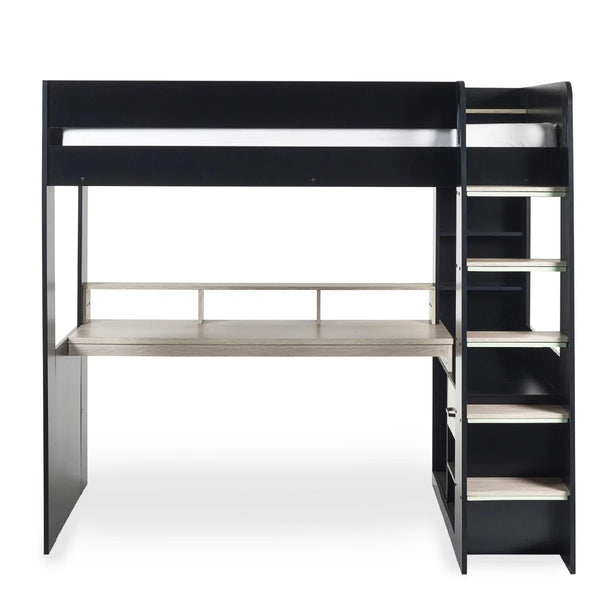 Julian Bowen Blaze Gaming High Sleeper Bed with Integrated Desk, Storage Shelving & Drawers – Black & Pale Woodgrain Finish - Sleek Furniture