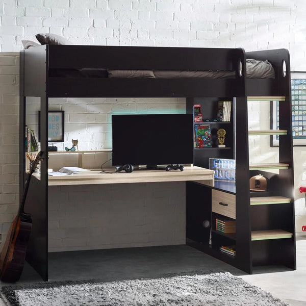 Julian Bowen Blaze Gaming High Sleeper Bed with Integrated Desk, Storage Shelving & Drawers – Black & Pale Woodgrain Finish - Sleek Furniture