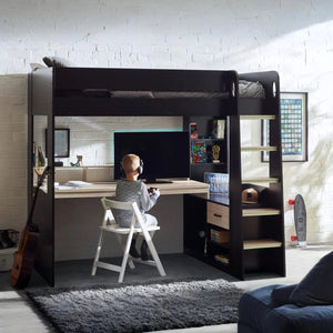 Julian Bowen Blaze Gaming High Sleeper Bed with Integrated Desk, Storage Shelving & Drawers – Black & Pale Woodgrain Finish - Sleek Furniture