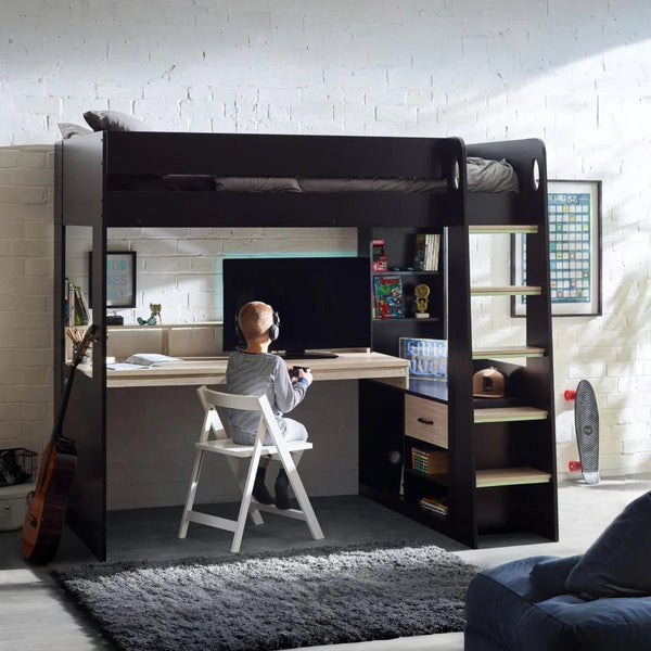 Julian Bowen Blaze Gaming High Sleeper Bed with Integrated Desk, Storage Shelving & Drawers – Black & Pale Woodgrain Finish - Sleek Furniture