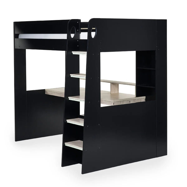 Julian Bowen Blaze Gaming High Sleeper Bed with Integrated Desk, Storage Shelving & Drawers – Black & Pale Woodgrain Finish - Sleek Furniture