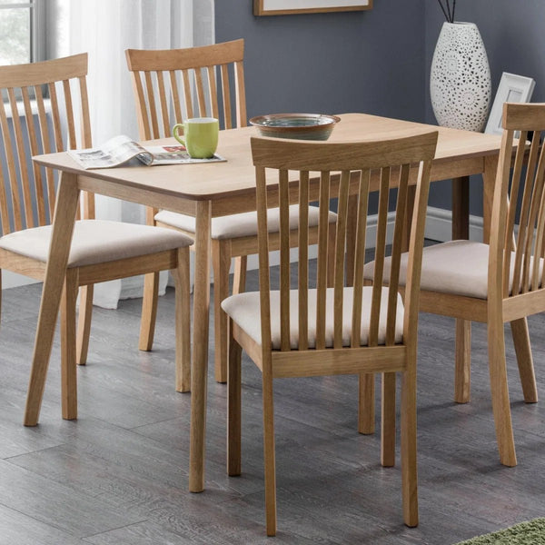 Julian Bowen Boden Oak Veneer Rectangular Dining Table with Tapered Legs, Natural Oak Finish, Seats Up to 4 - Sleek Furniture