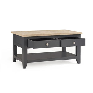 Julian Bowen Bordeaux Coffee Table with Oak Parquet Top, 2 Drawers & Open Shelf – Dark Grey & Oak - Sleek Furniture