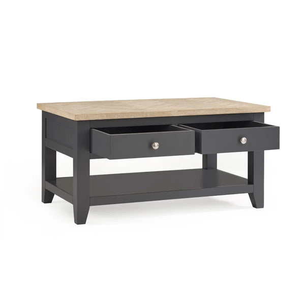 Julian Bowen Bordeaux Coffee Table with Oak Parquet Top, 2 Drawers & Open Shelf – Dark Grey & Oak - Sleek Furniture