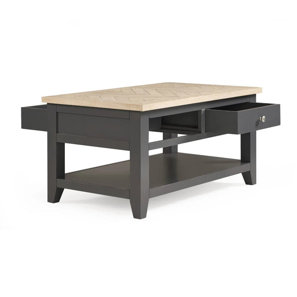 Julian Bowen Bordeaux Coffee Table with Oak Parquet Top, 2 Drawers & Open Shelf – Dark Grey & Oak - Sleek Furniture