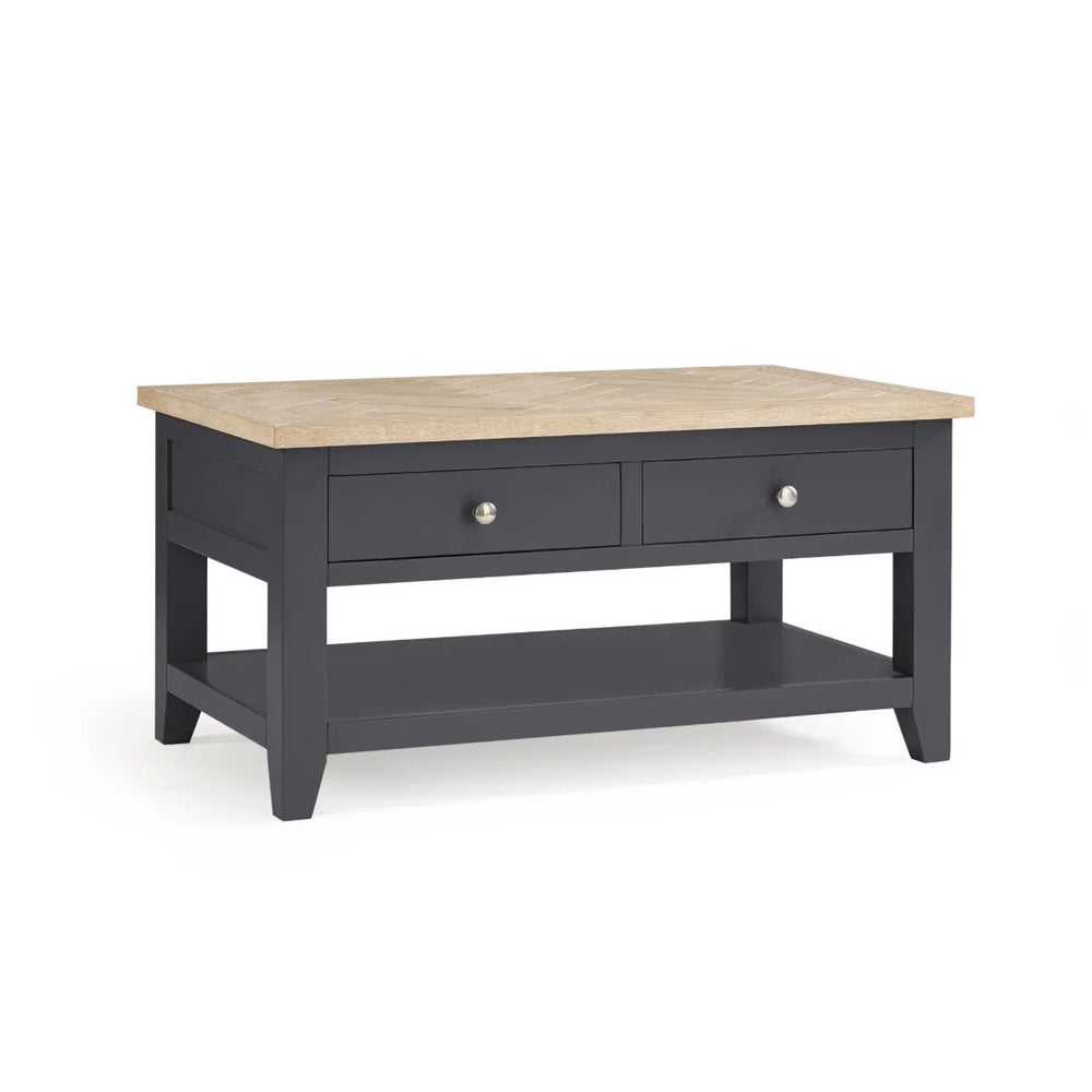 Julian Bowen Bordeaux Coffee Table with Oak Parquet Top, 2 Drawers & Open Shelf – Dark Grey & Oak - Sleek Furniture