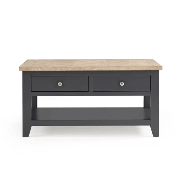Julian Bowen Bordeaux Coffee Table with Oak Parquet Top, 2 Drawers & Open Shelf – Dark Grey & Oak - Sleek Furniture