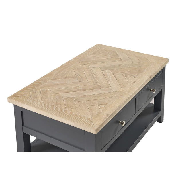 Julian Bowen Bordeaux Coffee Table with Oak Parquet Top, 2 Drawers & Open Shelf – Dark Grey & Oak - Sleek Furniture