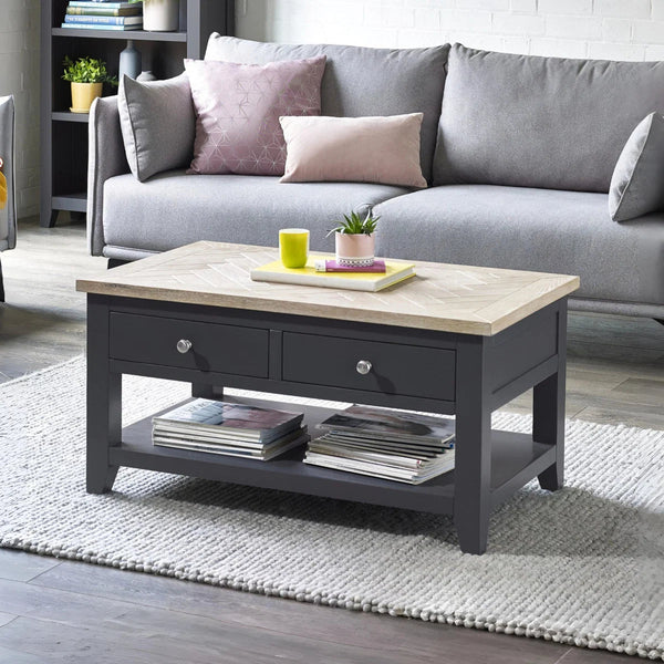 Julian Bowen Bordeaux Coffee Table with Oak Parquet Top, 2 Drawers & Open Shelf – Dark Grey & Oak - Sleek Furniture